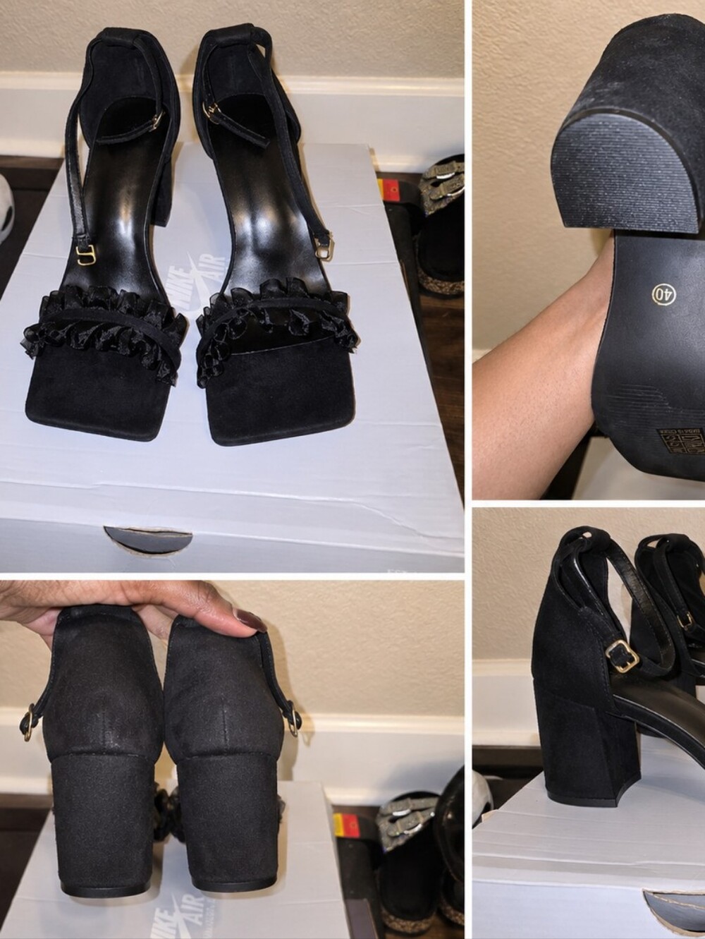 Women’s Black Ruffle Block Heel Sandals – Size 40 / US 9